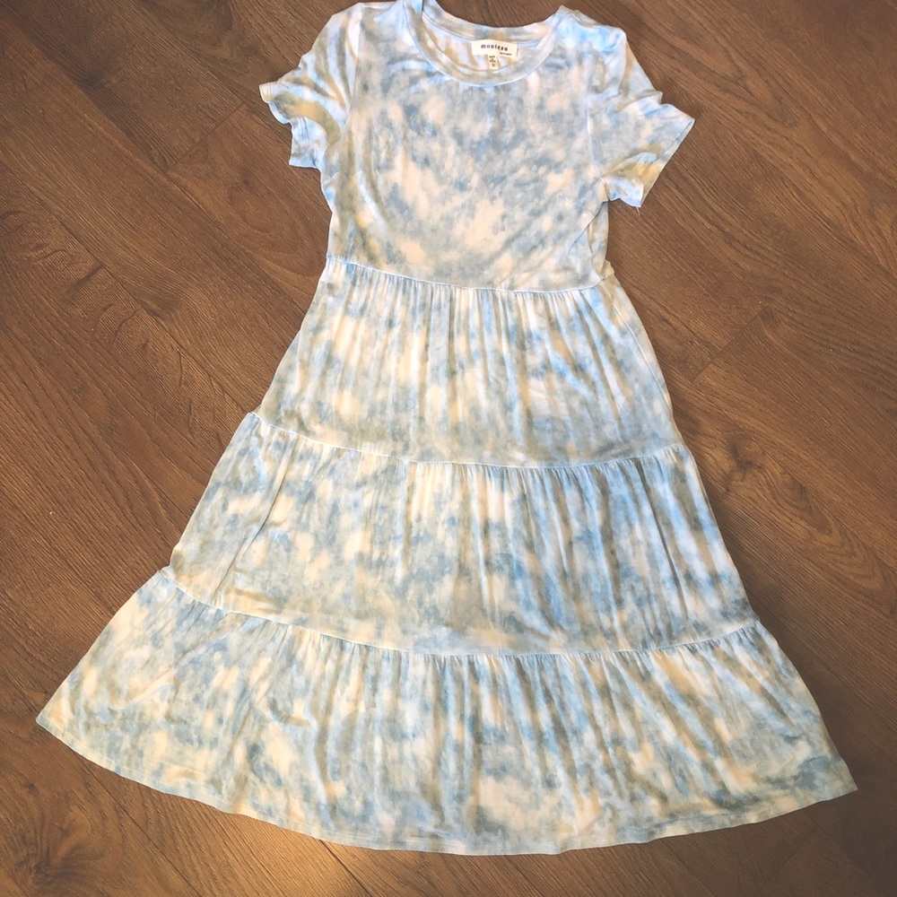 Tie Dye Short Sleeve Summer Dress Womens Small Blue and White